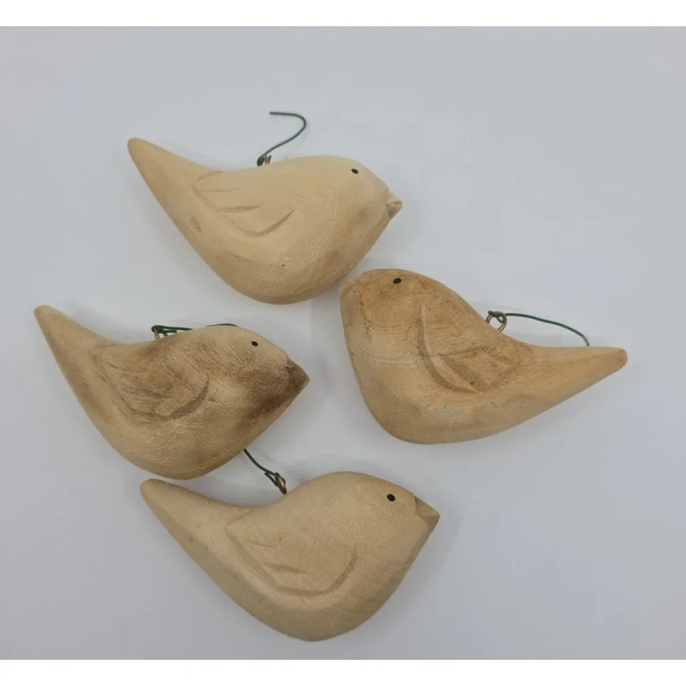 Set of 4 Handmade Vintage Rustic Wooden Partridge Bird Christmas Ornaments